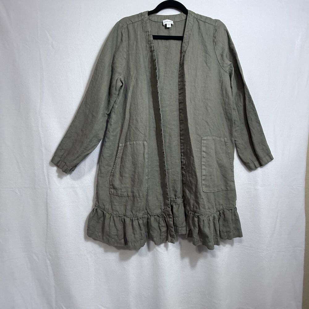 J. Jill Pure Jill Olive Green Linen Open Front Cardigan Coatigan Ruffle Size M